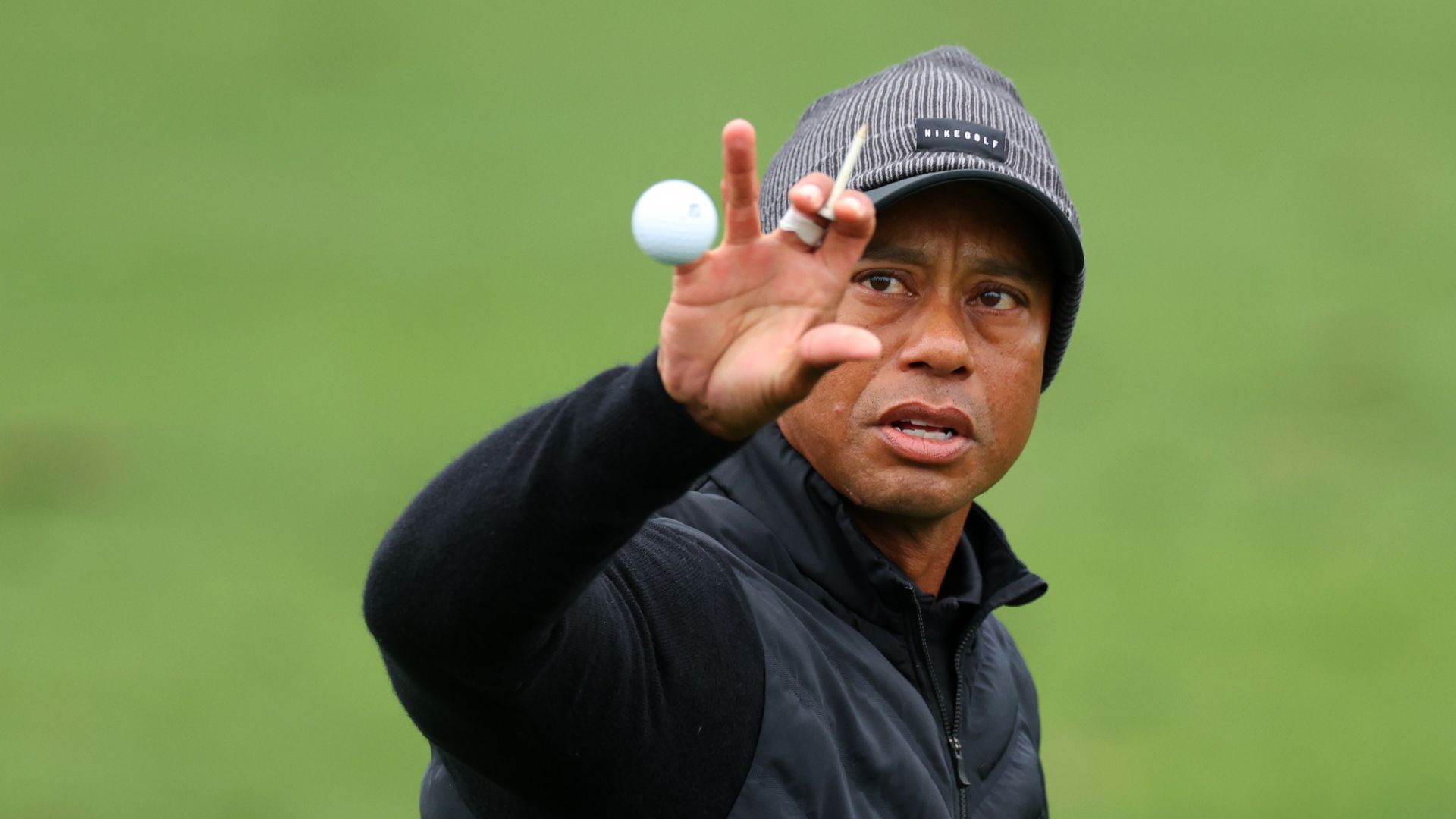 Tiger Woods with a golf ball and tee.