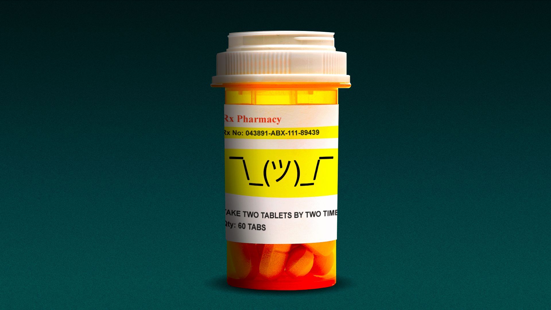 Illustration of a prescription drug bottle with a shrug emoji typed on the label