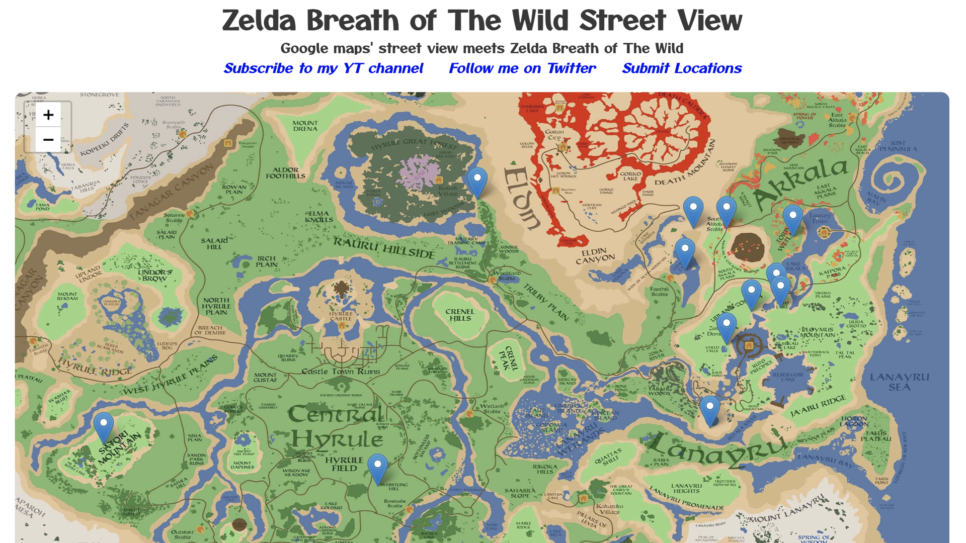 Screenshot of a website showing an interactive map of Zelda's Hyrule kingdom