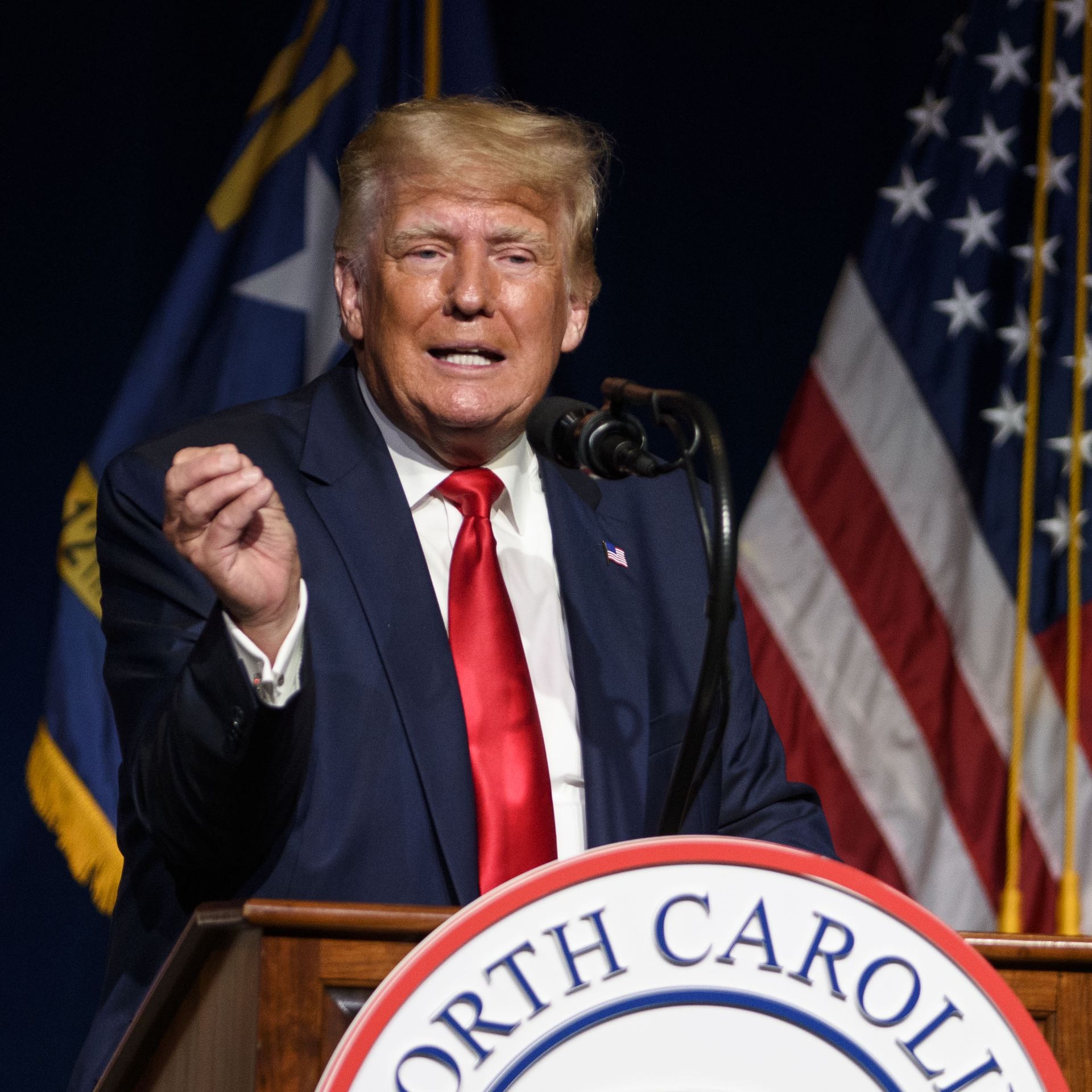Former U.S. President Donald Trump addresses the NCGOP state convention on June 5, 2021 in Greenville, North Carolina.
