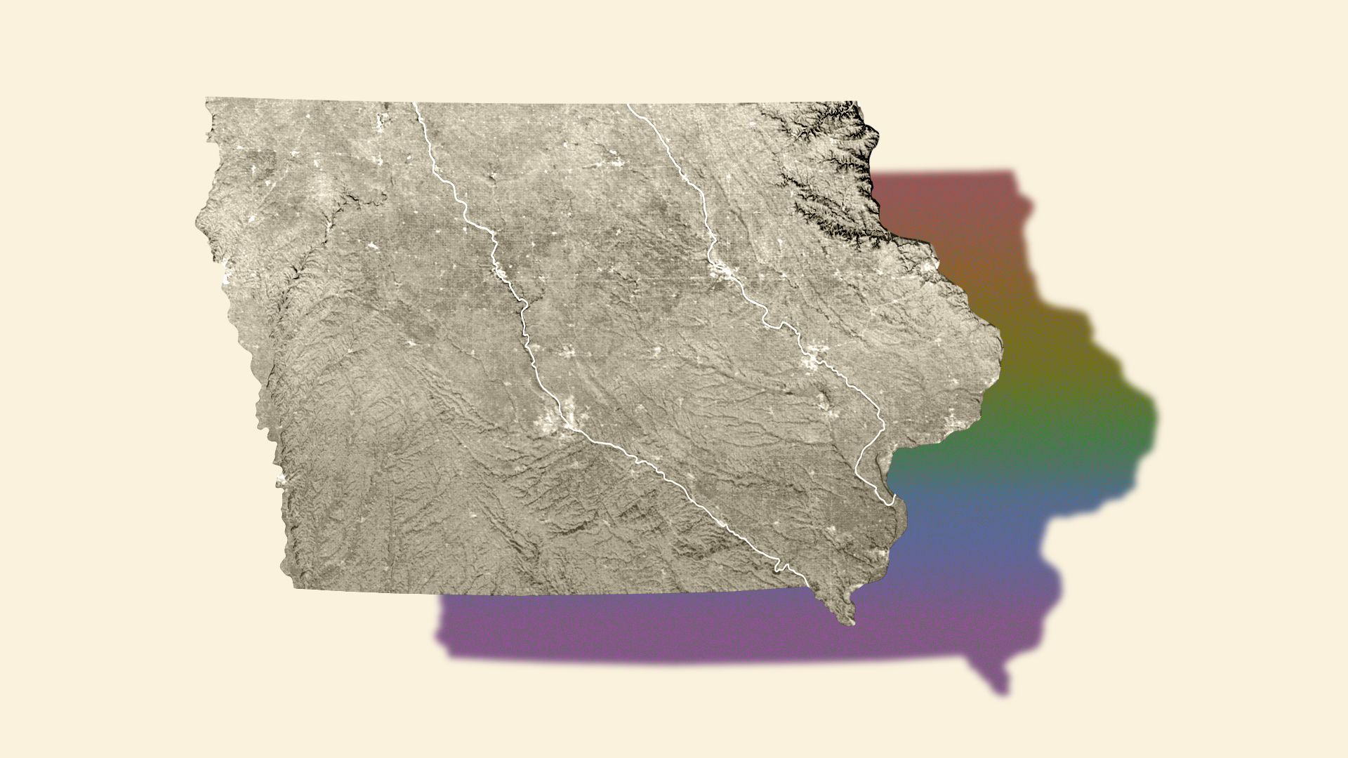 Illustration of the state of Iowa casting a shadow made of the colors of the Pride flag.