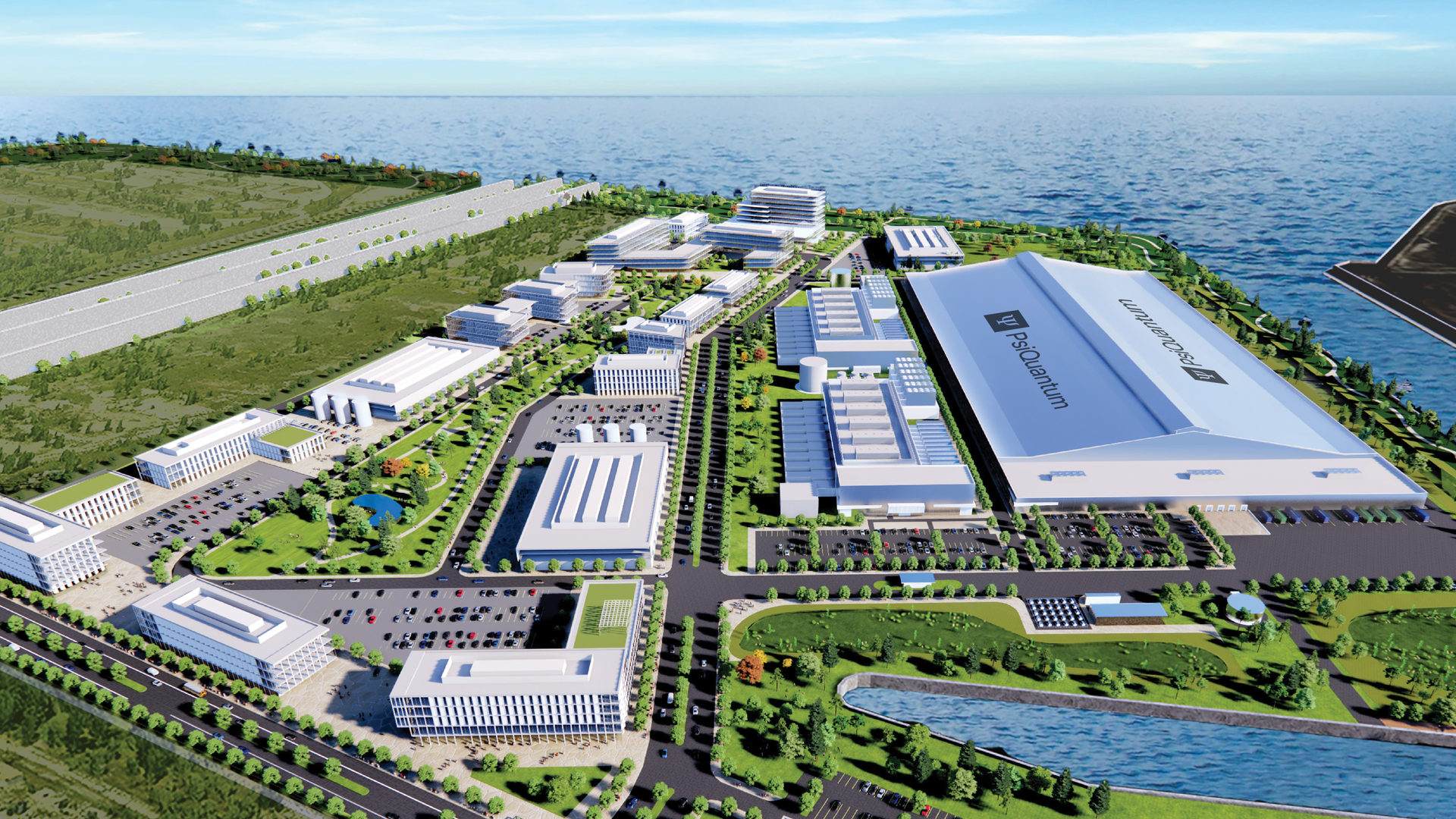 An artist's rendering of a quantum computing campus near Chicago. Large buildings dot the area, with water in the upper third of the image.