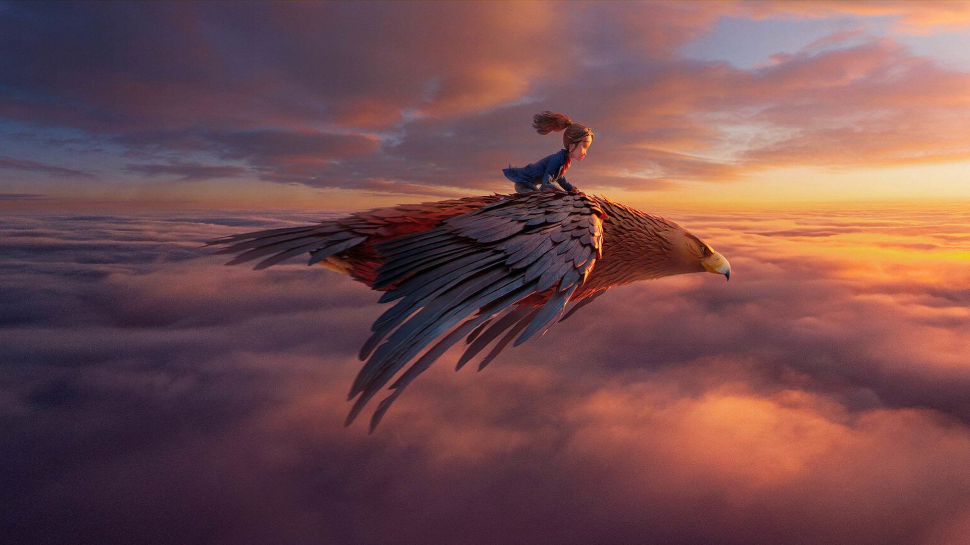 A young girl rides a giant eagle, soaring above orange sunset clouds with a warm pink-purple sky.
