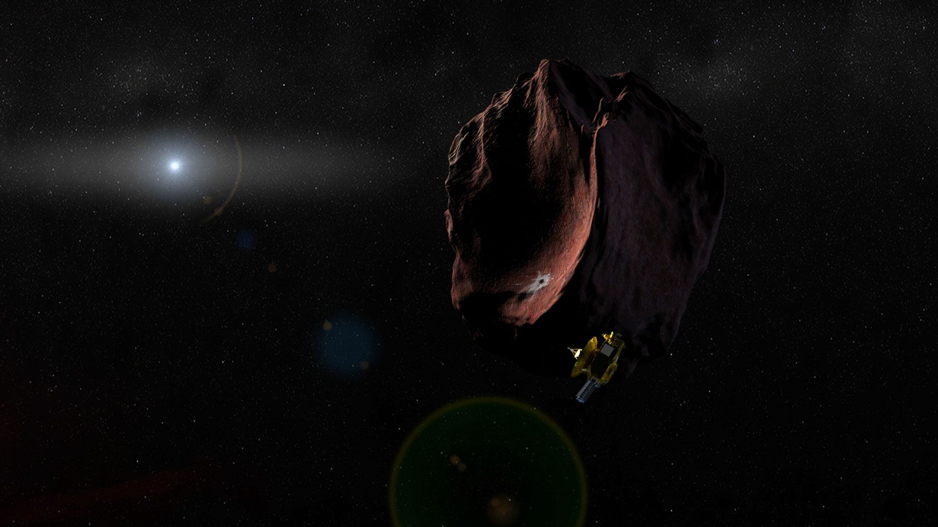 In this illustration, New Horizons orbits the darkness of space around a single bright star.