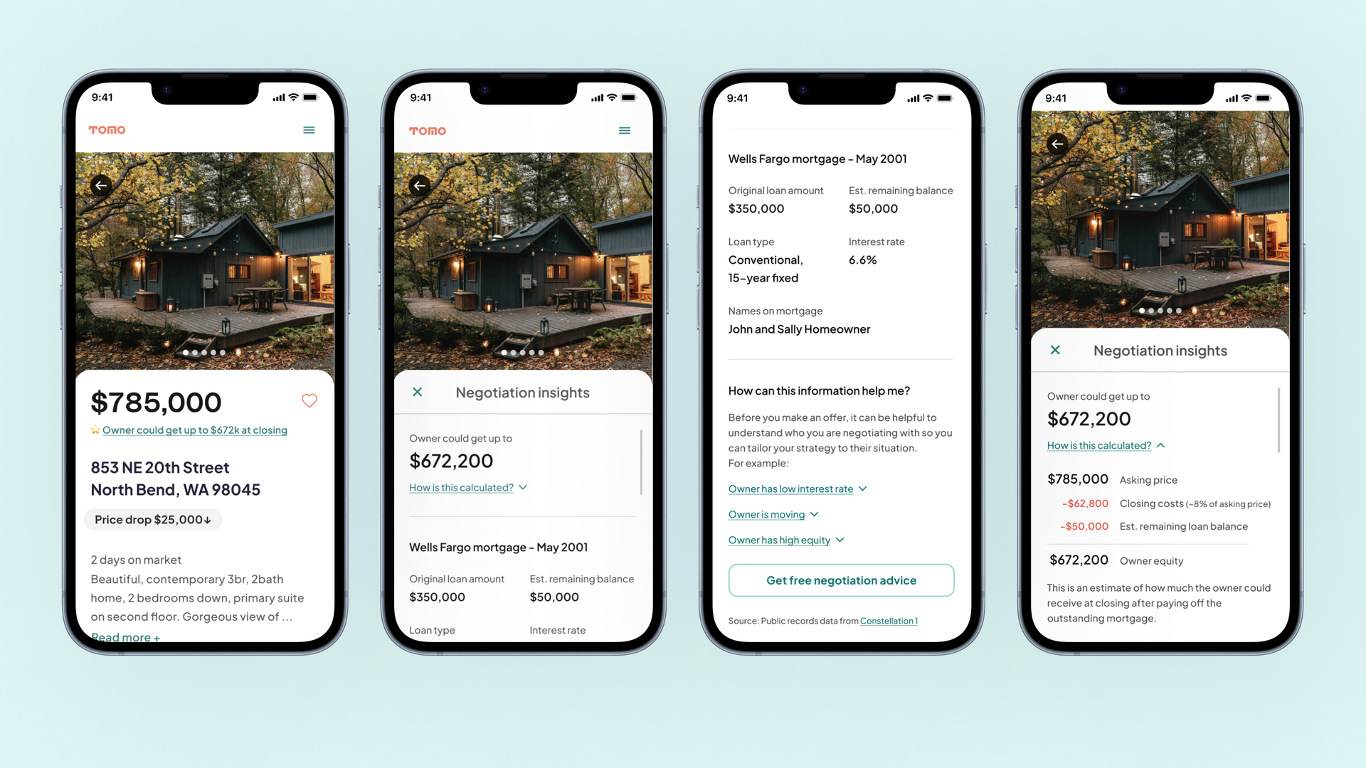 Screens showing an app that helps with home negotiation insights. 