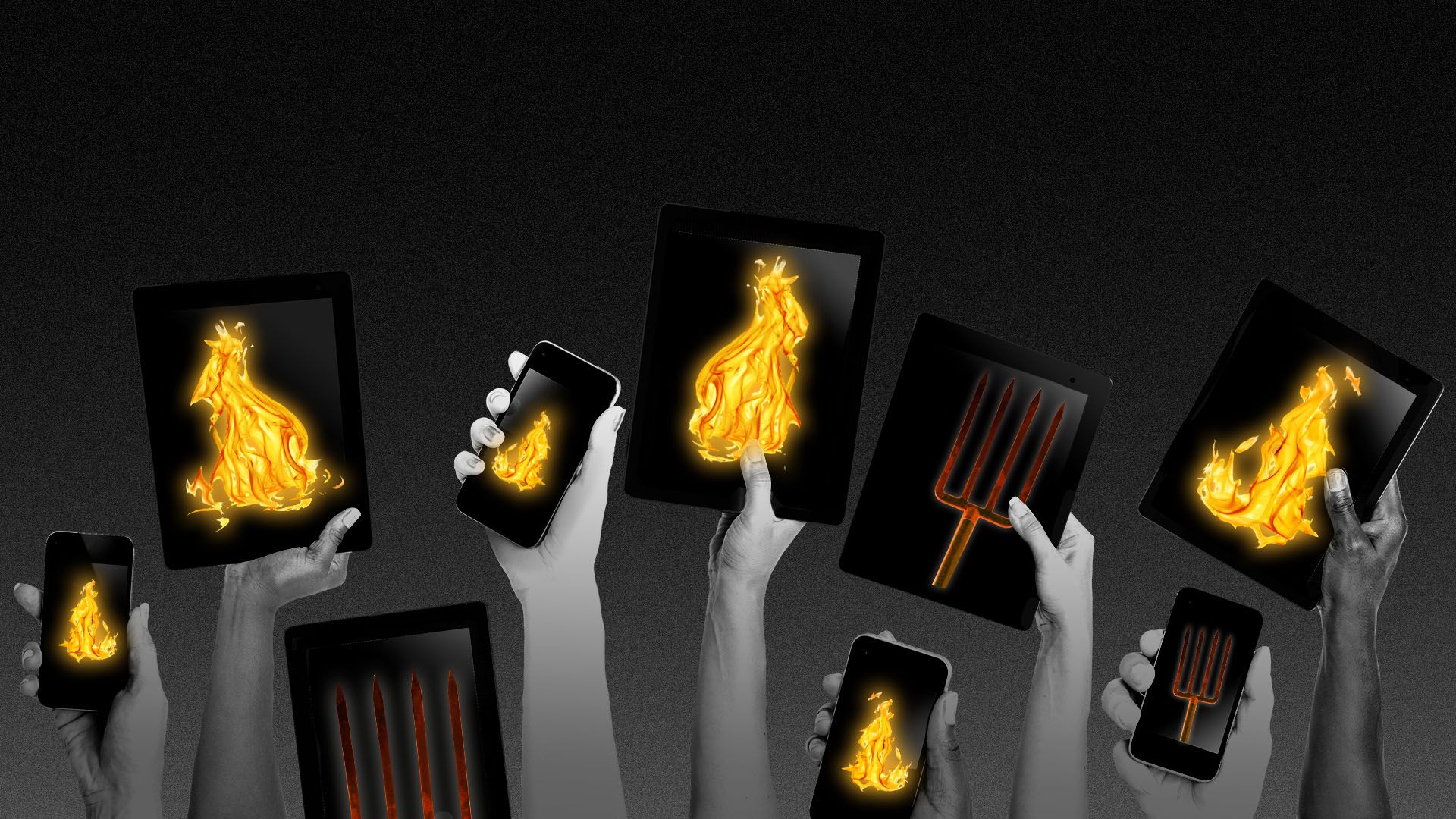 Illustration of a mob holding iPhones and iPads featuring images of pitchforks and fire