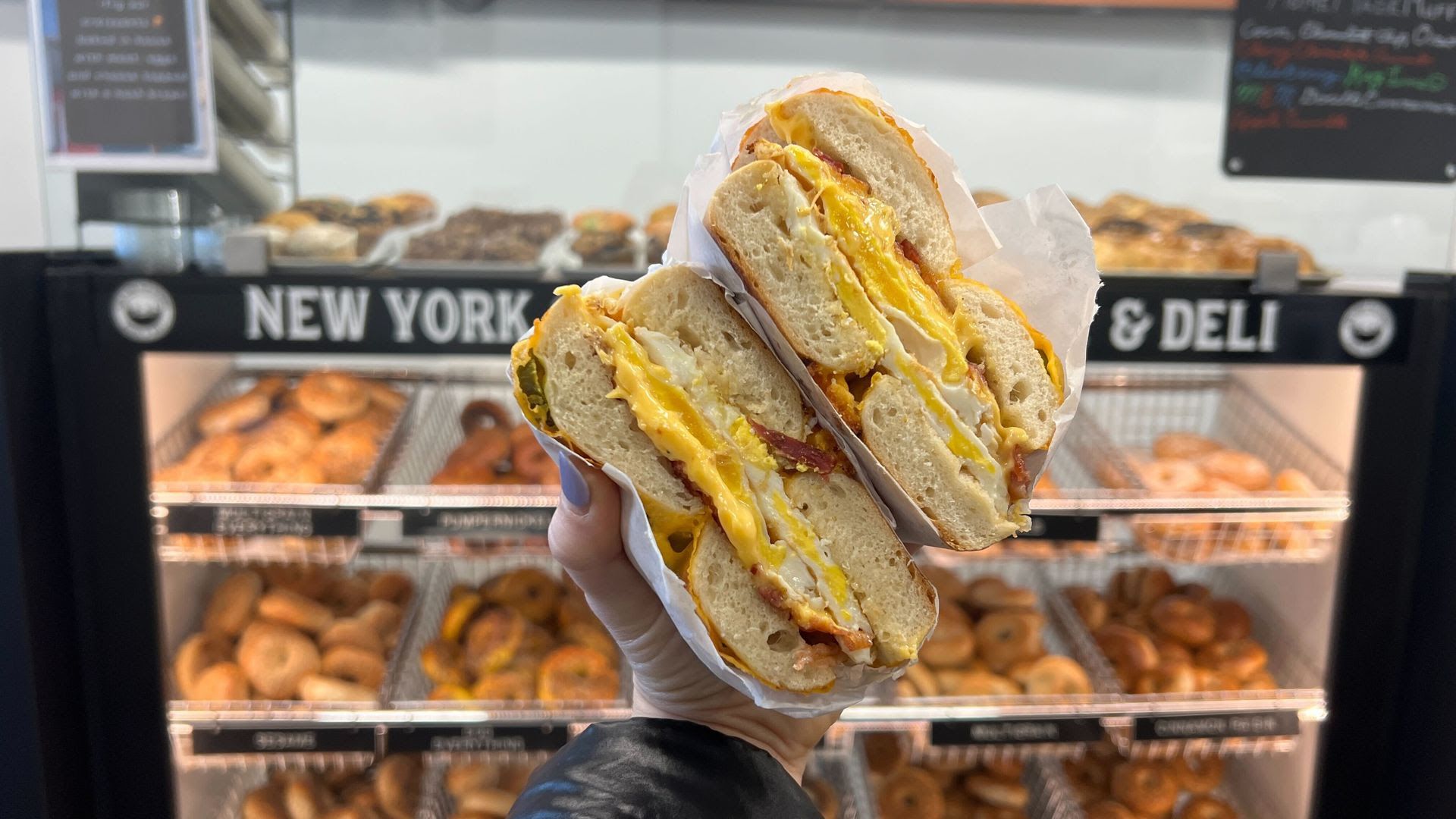 Hand holding a bagel sandwich