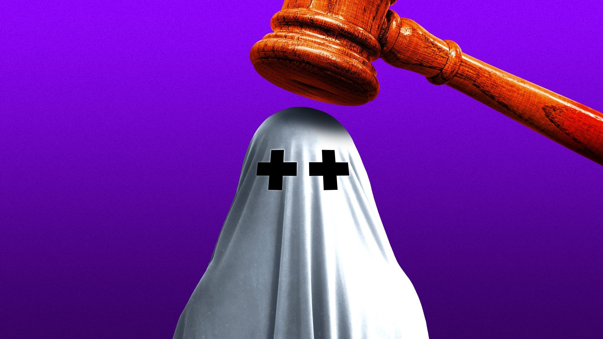 Illustration of a ghost with medical cross eyes with a gavel hovering above it