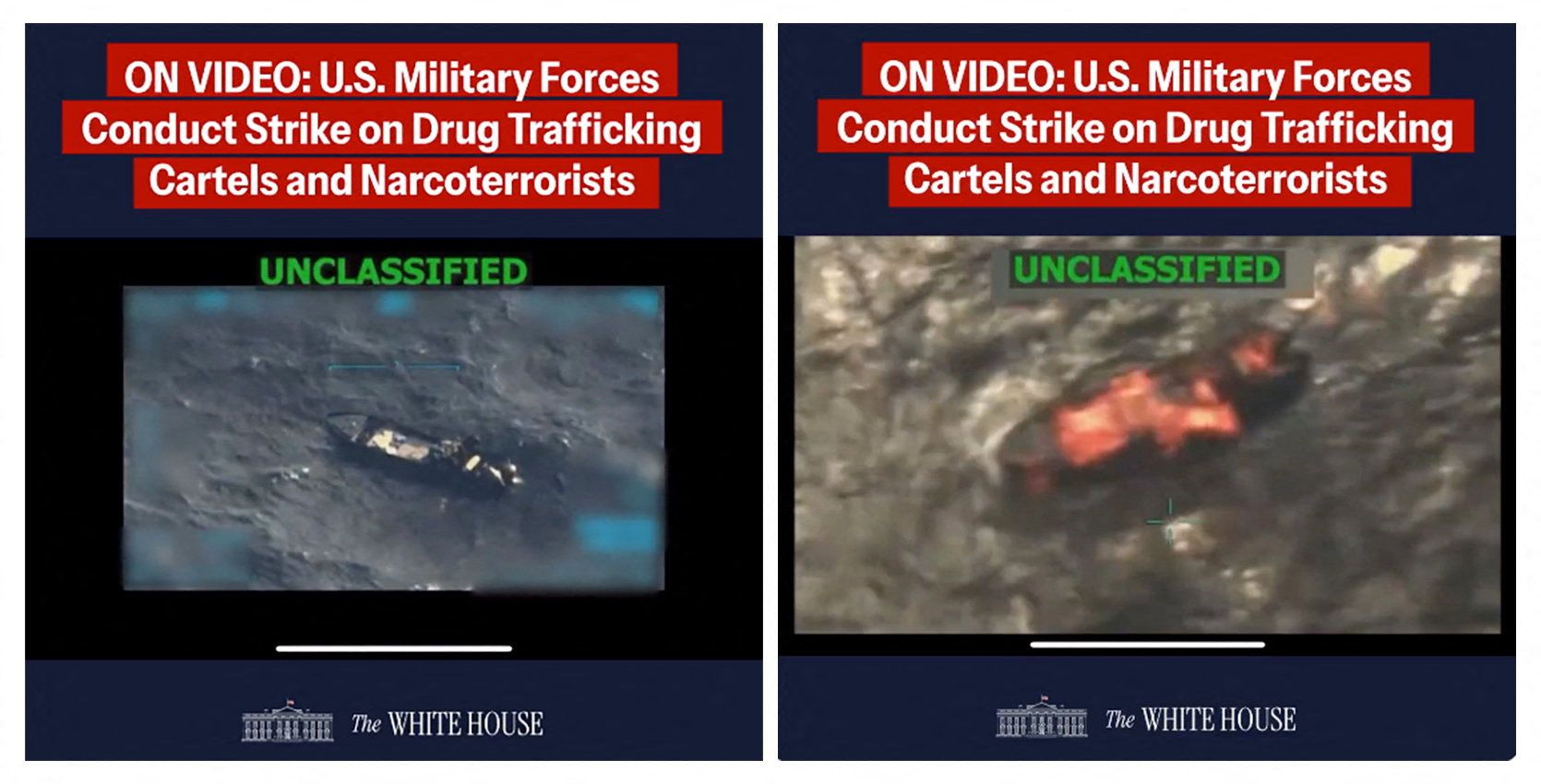 A combination image shows two screen captures from a video posted on the X account of The White House on September 15, 2025, depicting what U.S. President Donald Trump said was a U.S. military strike on a Venezuelan drug cartel.