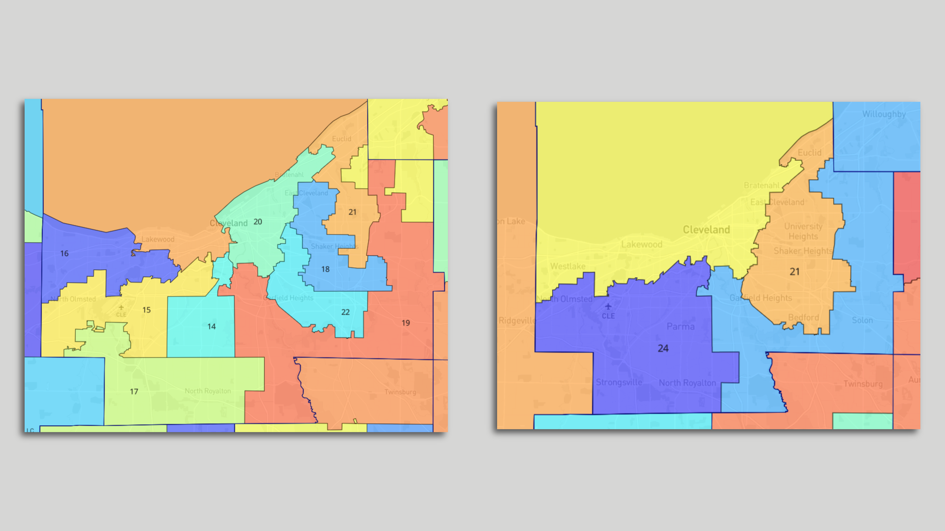 Side by side maps of Ohio's new state legislative maps (L: House, R: Senate) in the Cleveland area