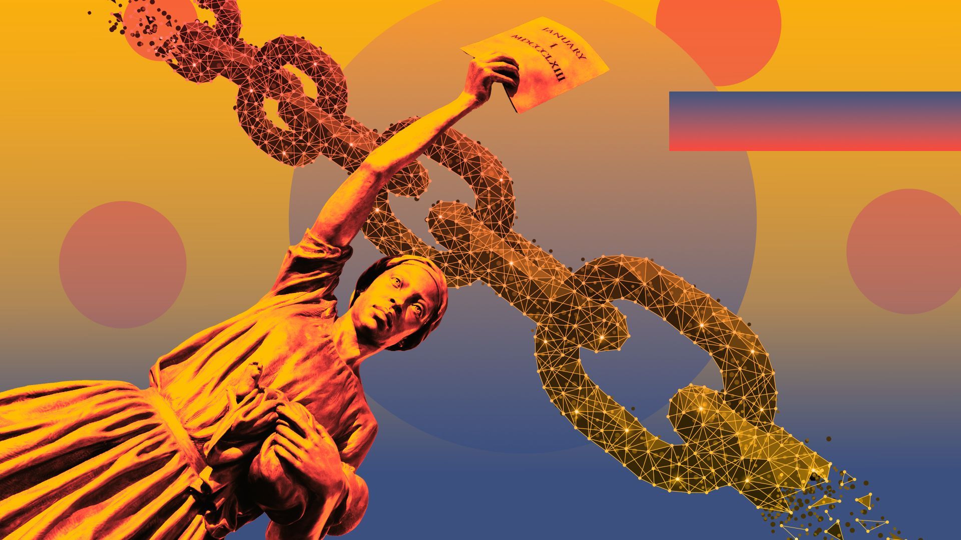 Illustration of the Richmond Slavery Reconciliation statue with a wireframe chain and orbs in the background.