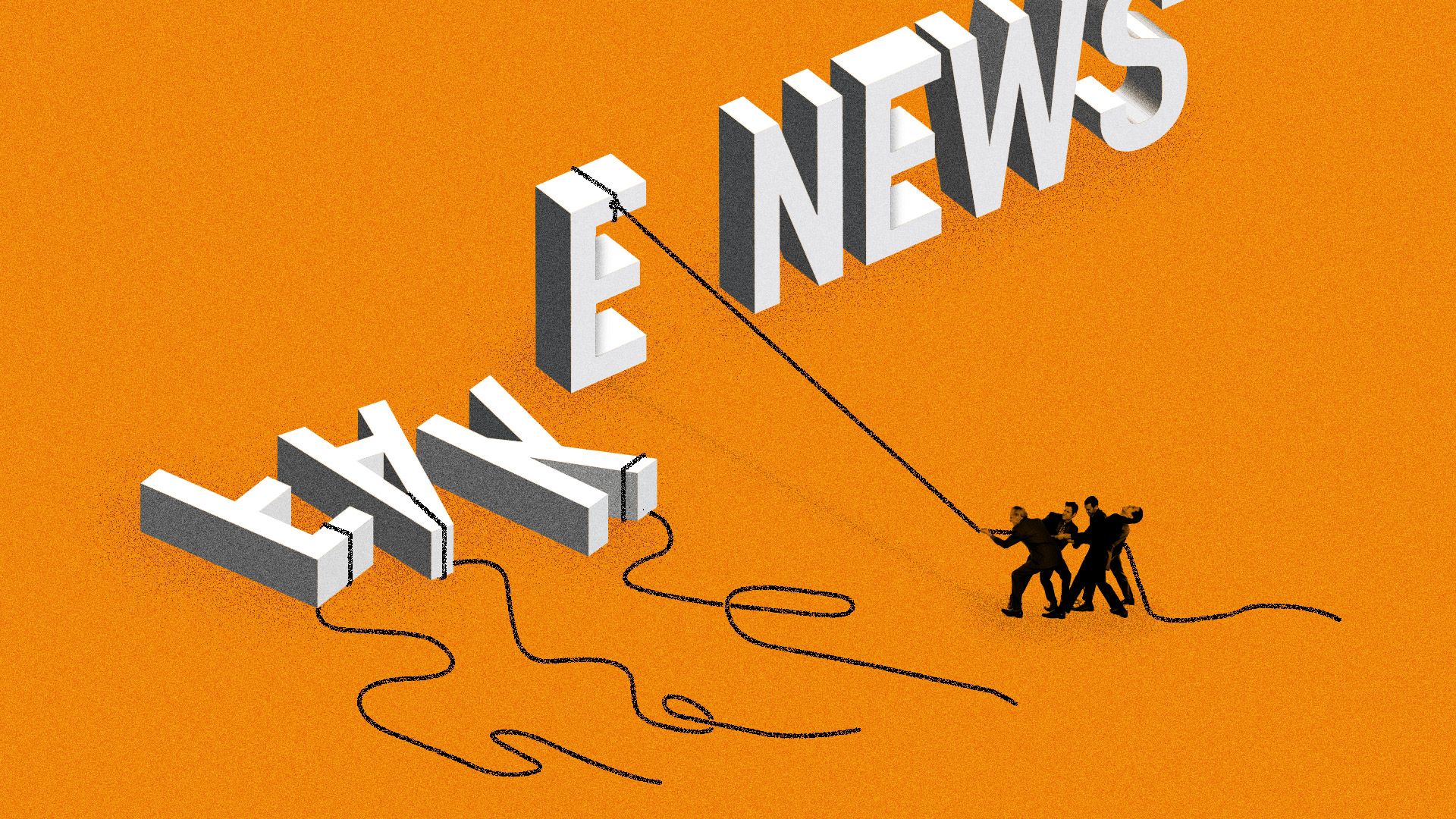 A group of people pulling down the word 'fake' in 'fake news'