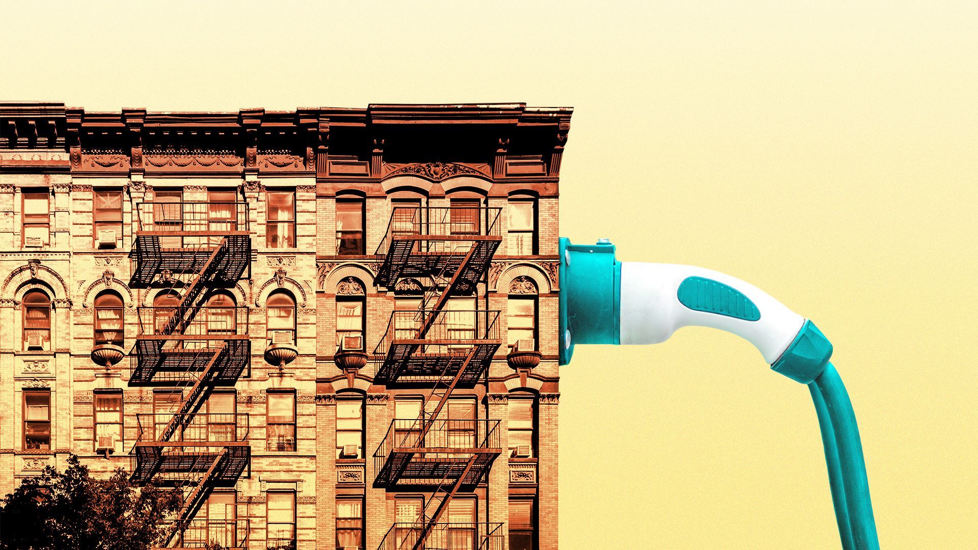 Illustration of a large EV charger docked on the side of an apartment building.