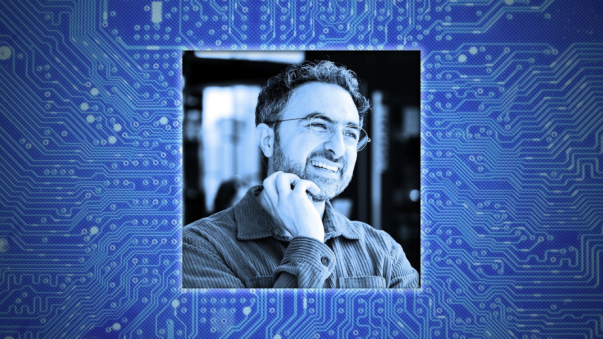 Photo illustration of Mustafa Suleyman against a circuit board background.