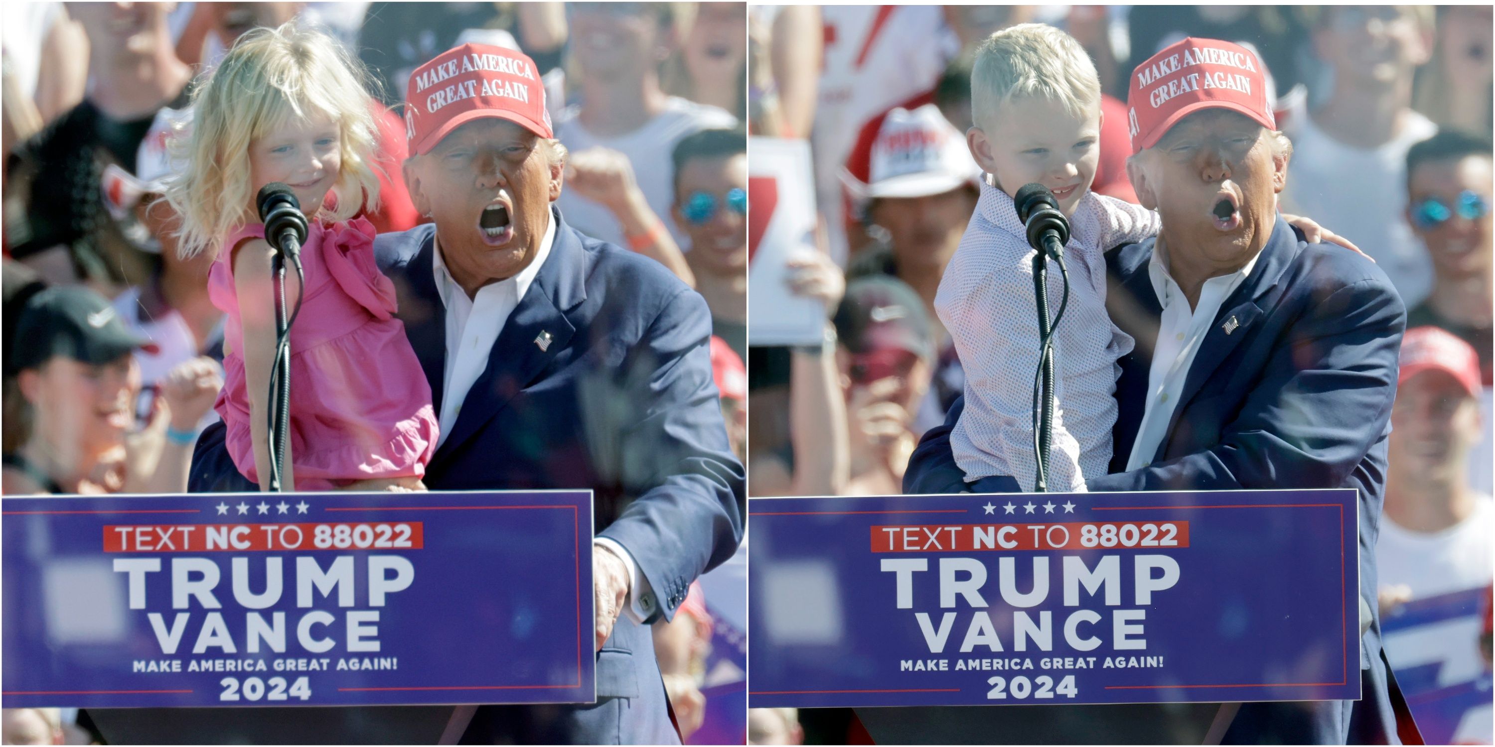 A side-by-side collage of Trump holding up two of his grandchildren at a rally