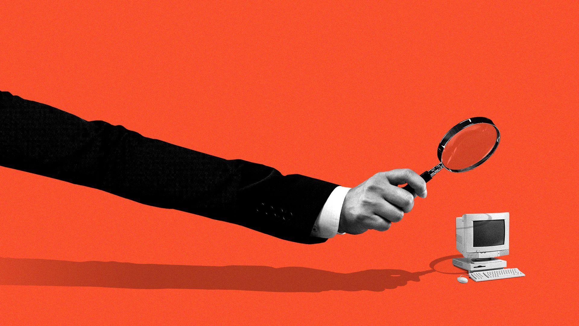 Illustration of an extra long arm holding a magnifying glass over a lone computer.