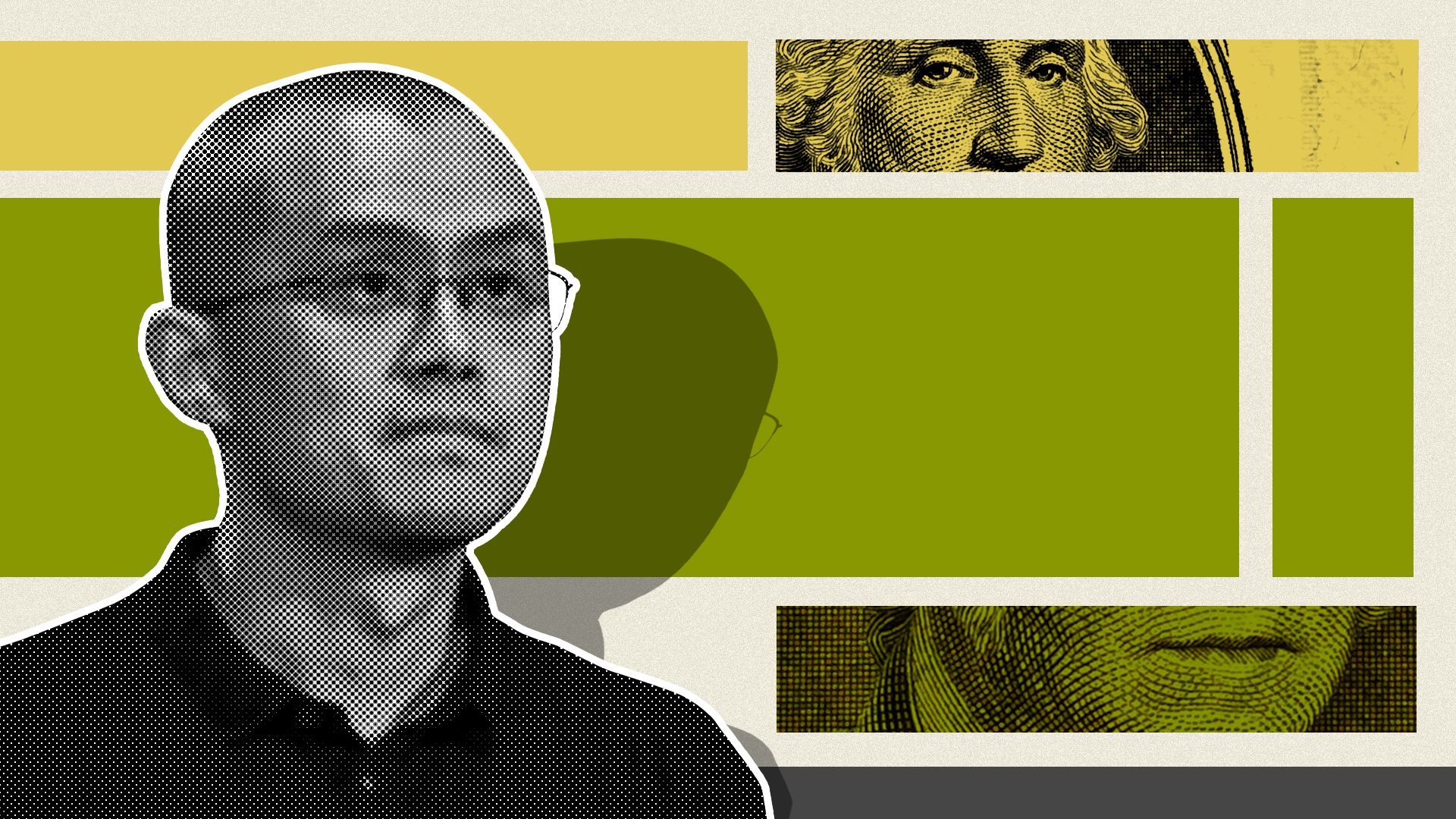 Photo illustration of Changpeng Zhao with money elements and rectangles behind him