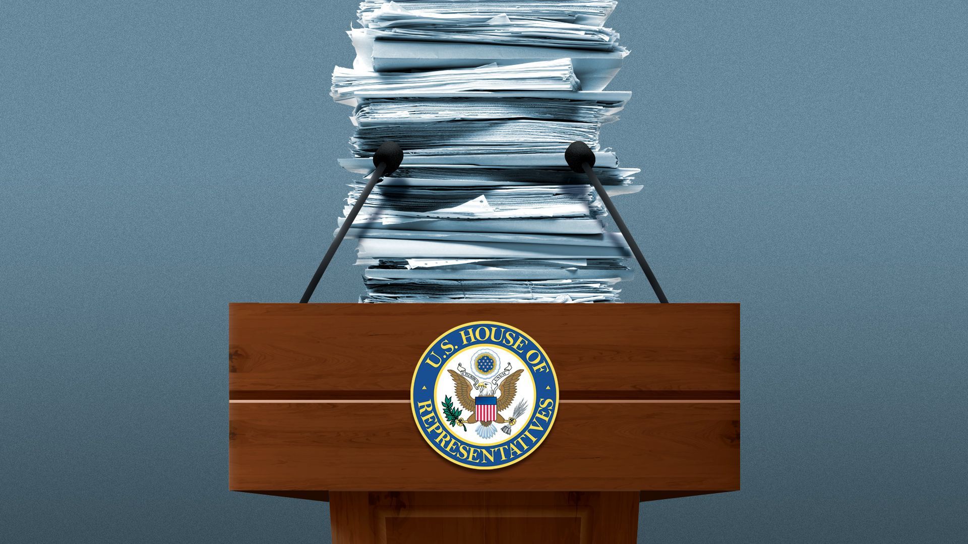 Illustration of the Speaker of the House's podium with a huge stack of papers.