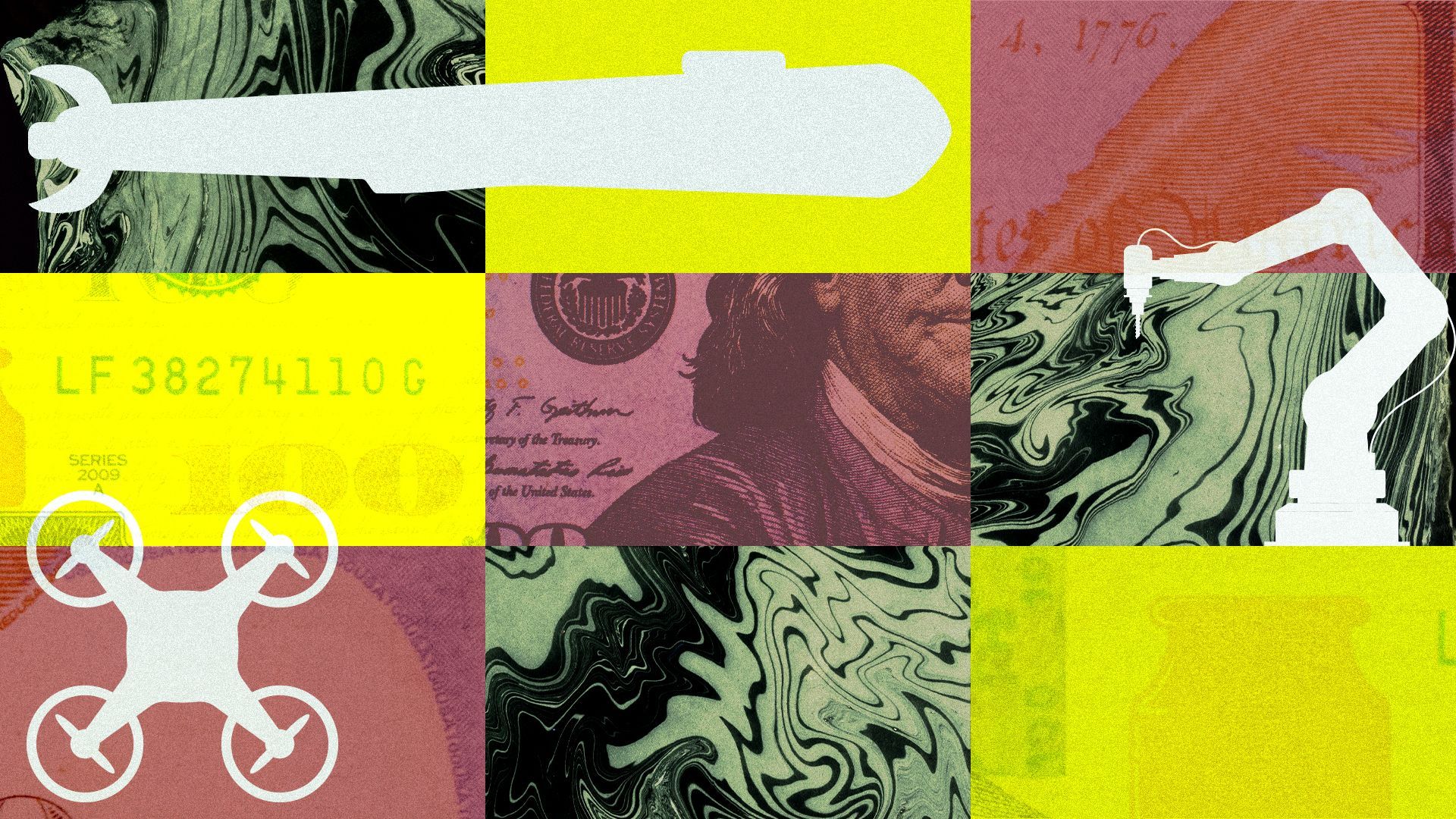 Illustration of a grid of images of one hundred dollar bills and swirling patterns, underneath silhouettes of a UUV, a drone, and a manufacturing device.