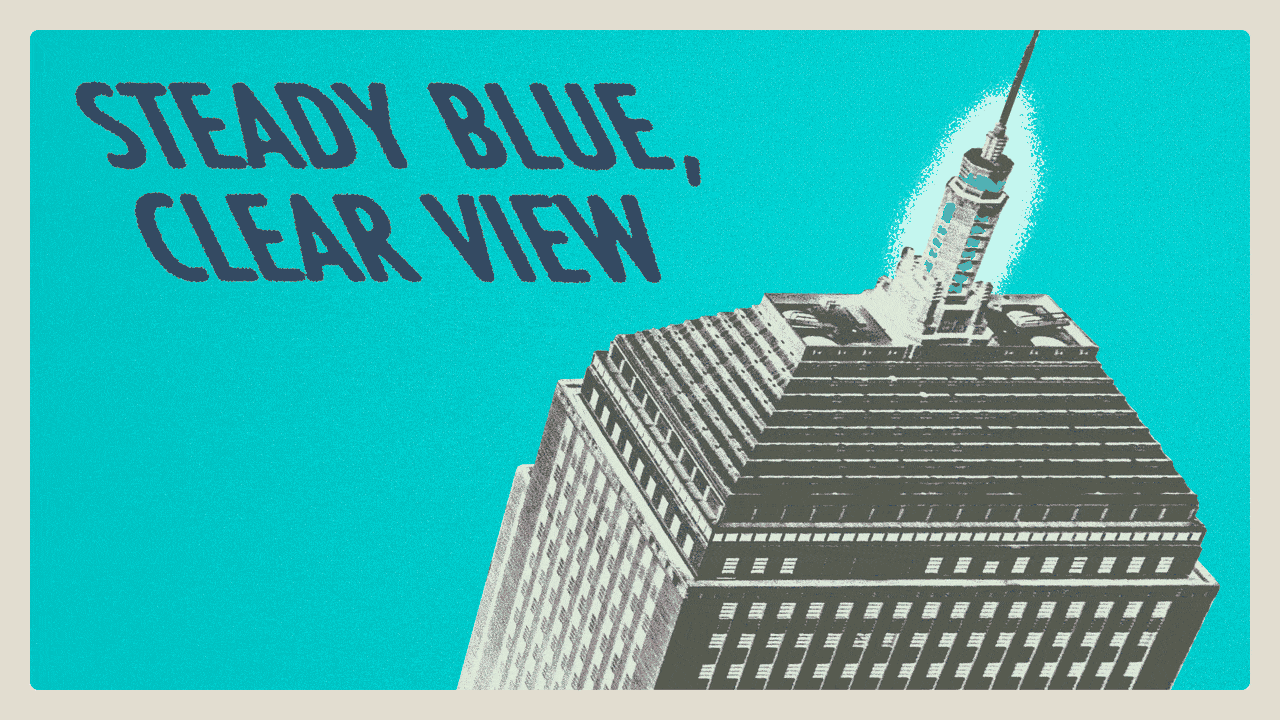 Animated illustration of the old John Hancock building weather beacon with text reading STEADY BLUE, CLEAR VIEW, FLASHING BLUE, CLOUDS DUE, STEADY RED, RAIN AHEAD, FLASHING RED, BACK THAT MASS UP.