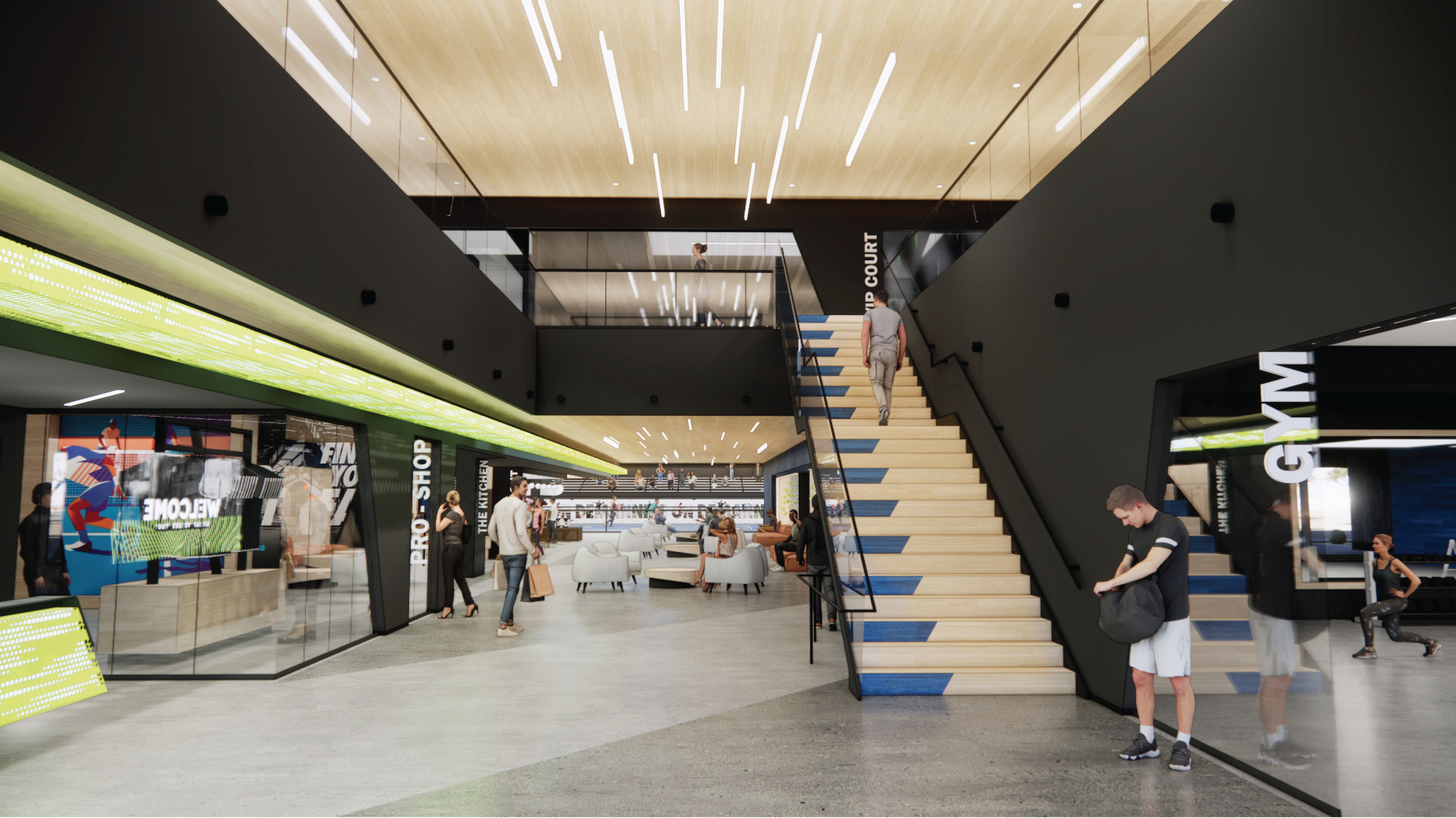 A rendering of an entryway to a gym building. 