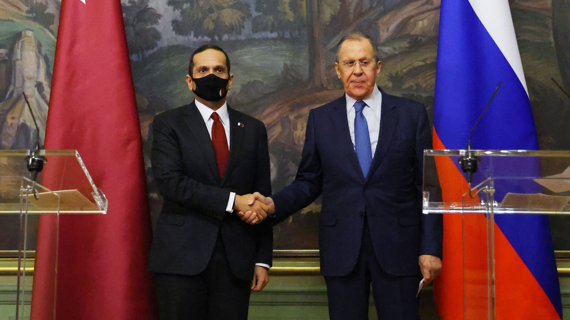Russian Foreign Minister Sergei Lavrov and Qatari Deputy Prime Minister Sheikh Mohammed bin Abdulrahman Al-Thani hold a joint press conference following their talks in Moscow on March 14, 2022. 