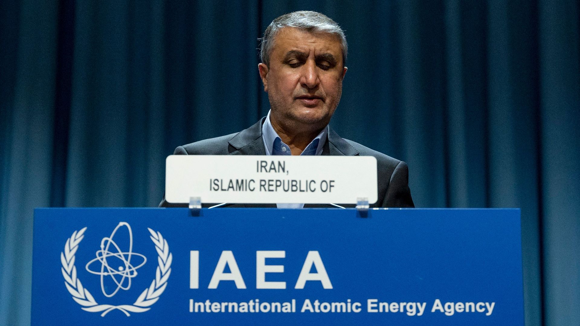 Chief of the Atomic Energy Organization of Iran Mohammad Eslami is seen addressing the International Atomic Energy Agency General Conference in September