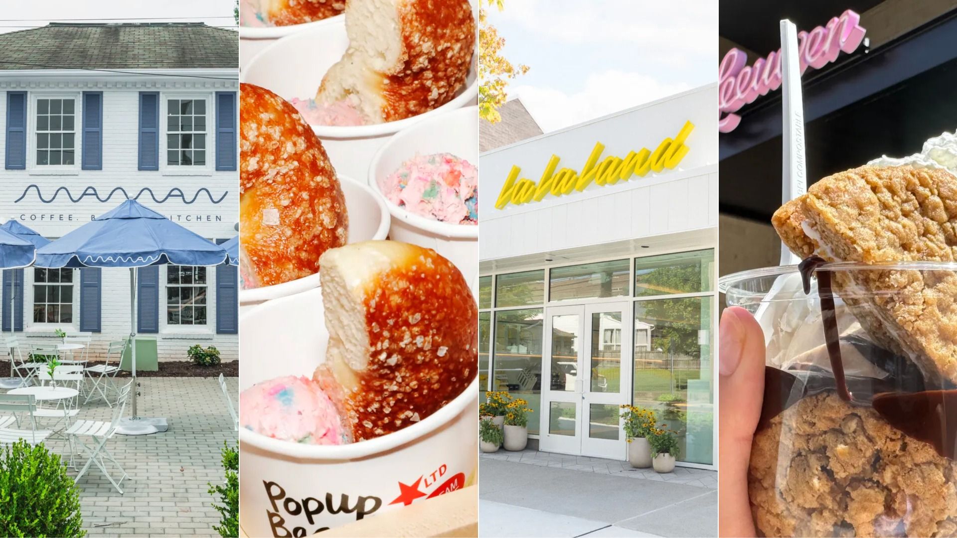 Collage of four scenes: a pale blue cafe with outdoor seating, a close-up of sugar-dusted donuts and colorful ice cream, a storefront with a bright yellow "Lala Land" sign, and a hand holding a cup of fried-ice-cream.