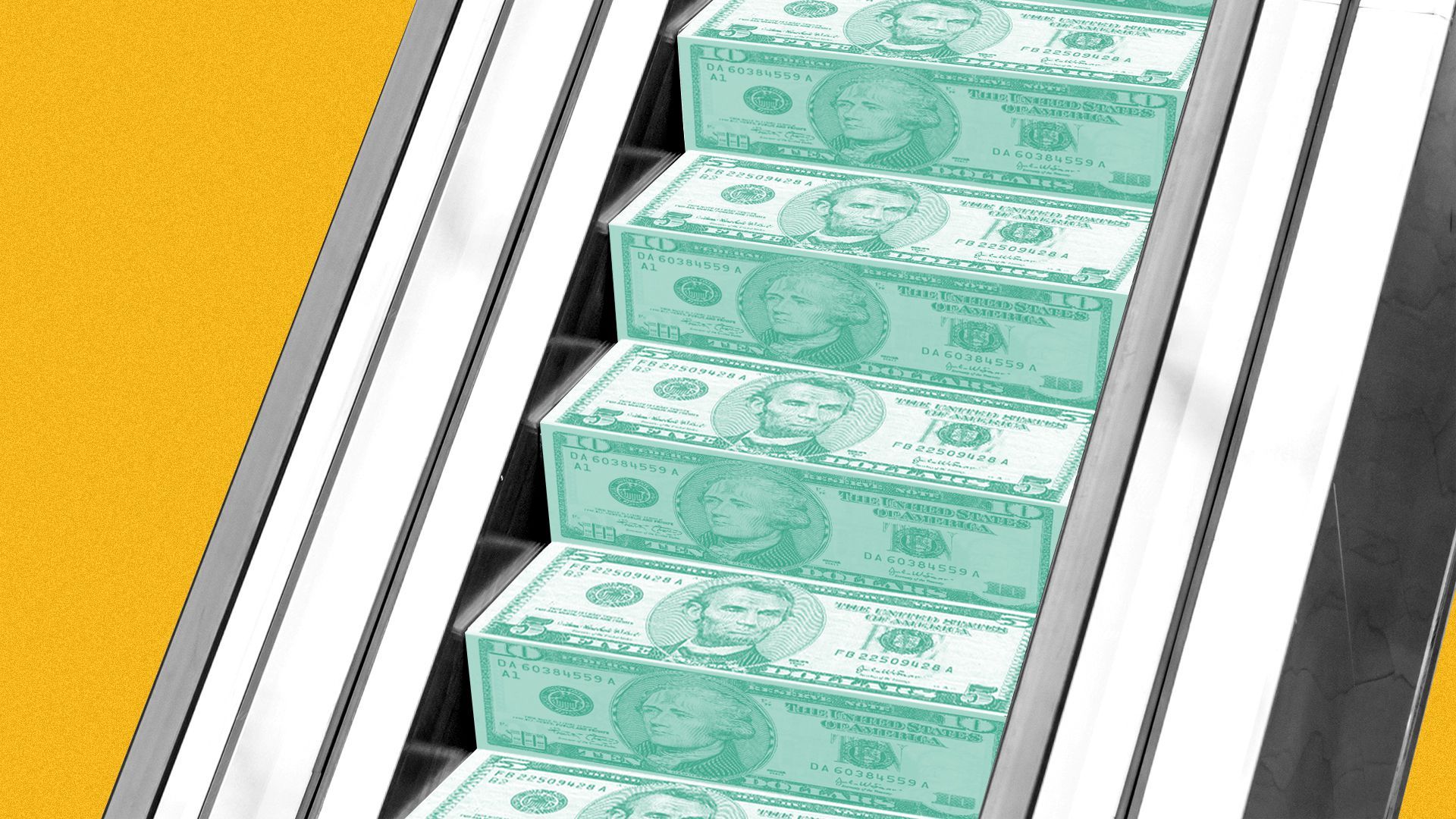 Illustration of an escalator with steps made out of 5 and 10 dollar bills.