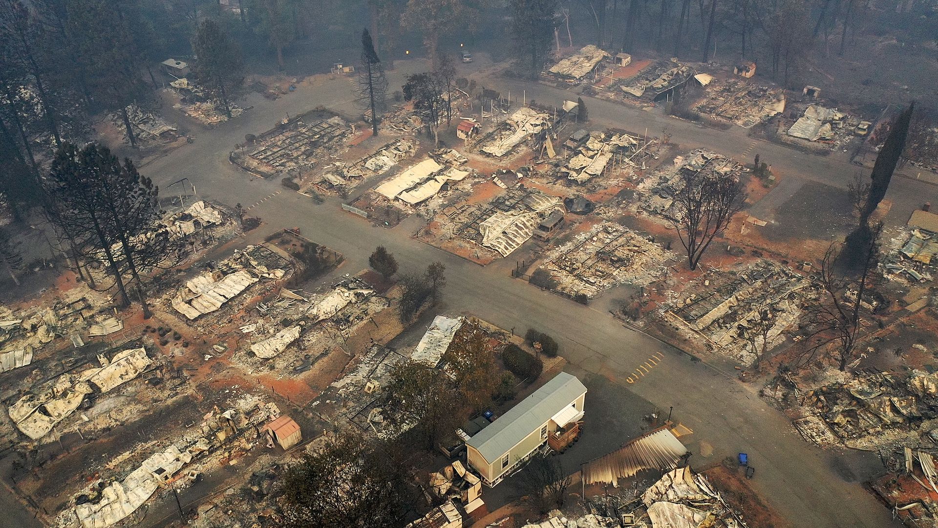 An aerial view of a neighborhood destroyed by the Camp Fire in Paradise, California. 