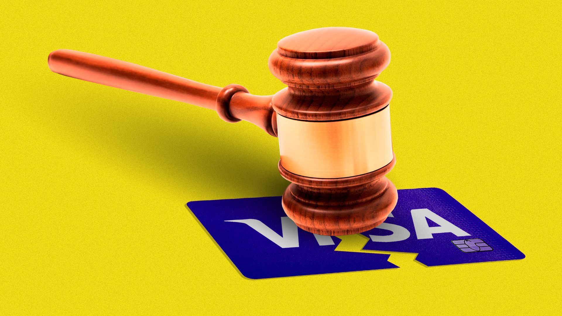 Illustration of a gavel breaking a Visa card in two pieces
