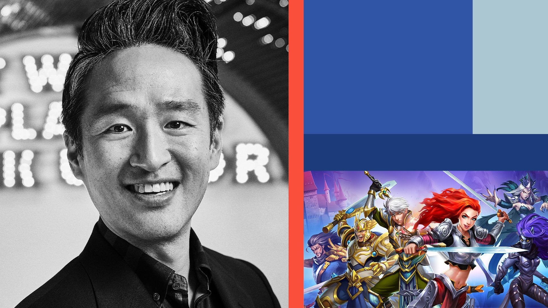 Photo illustration of Bernard Kim, President of Zynga, and an image of the game Empires and Puzzles. 