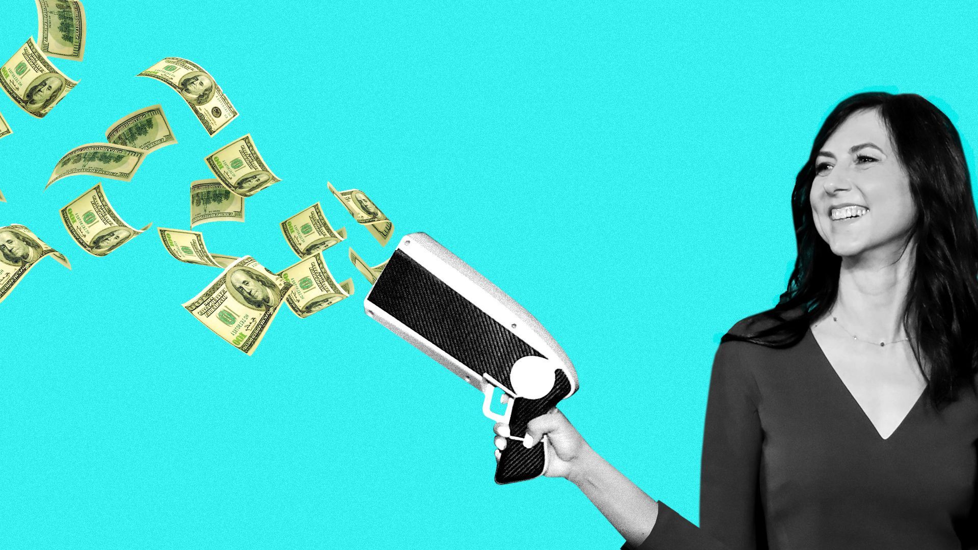 Photo illustration of Mckenzie Scott firing off a money gun.