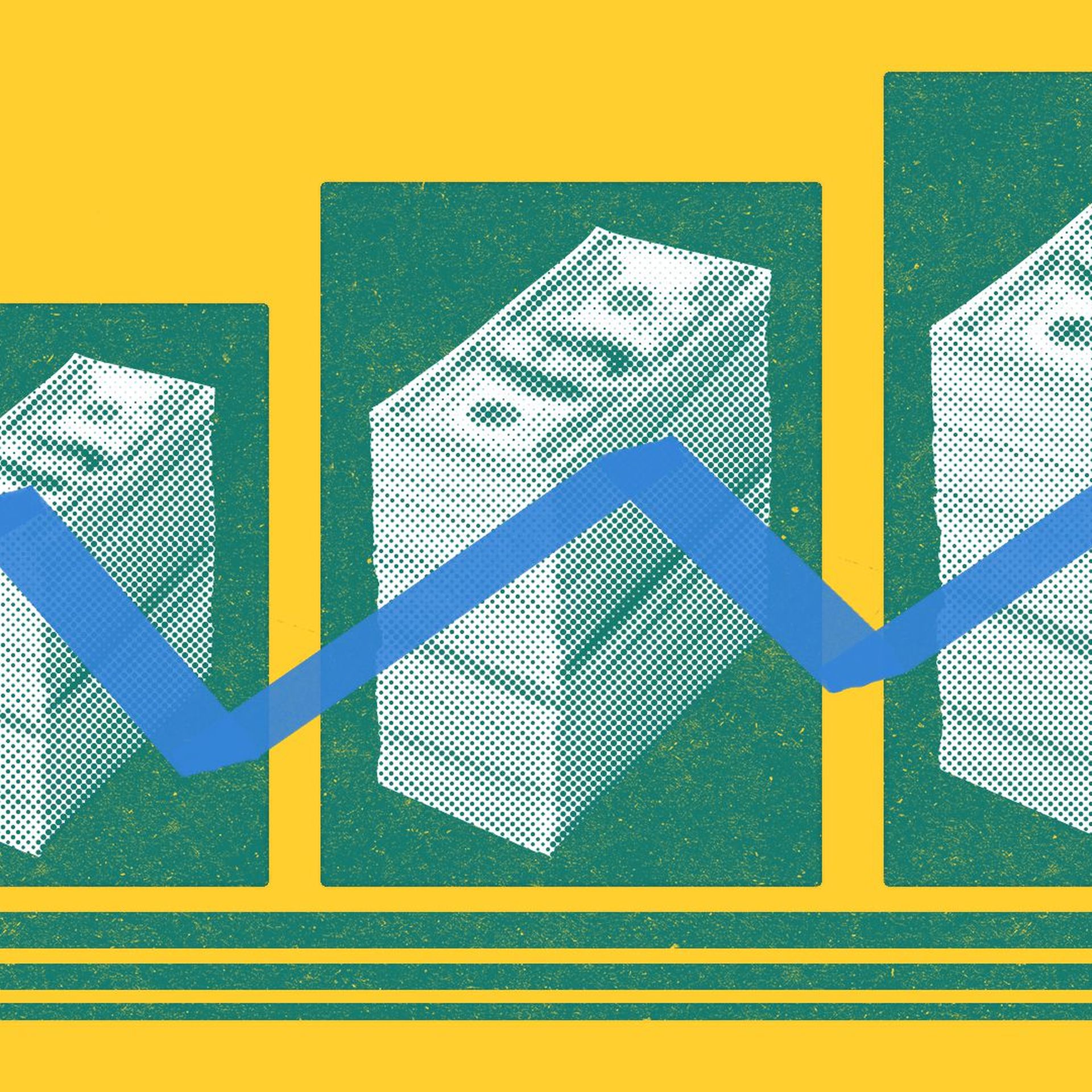 Illustration of a stack of cash repeated three times, over green shapes and a blue zigzag line.