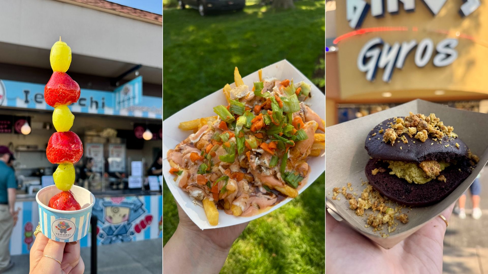 Triptych of foods: left colorful fruit-skewer ice cream cone in an ice-cream shop; center paper boat of loaded fries with chopped vegetables; right dark purple donut with crumble topping held near a Gyros sign.