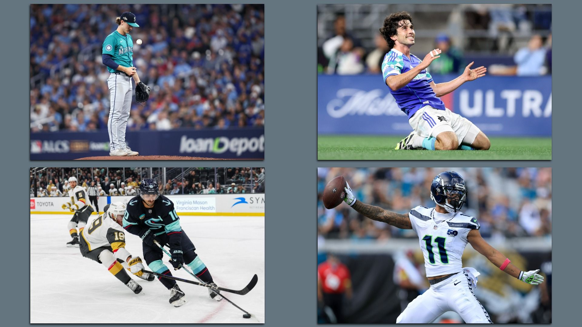 Images of Seattle sports players celebrating wins or making a good play. 