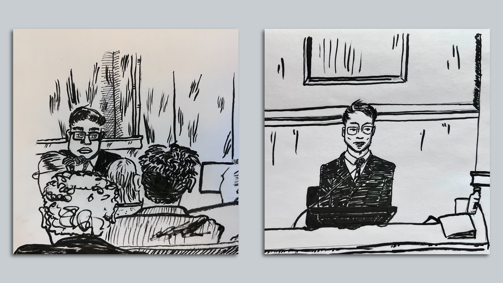 A side-by-side of courtroom sketches of Nishad Singh and Gary Wang.