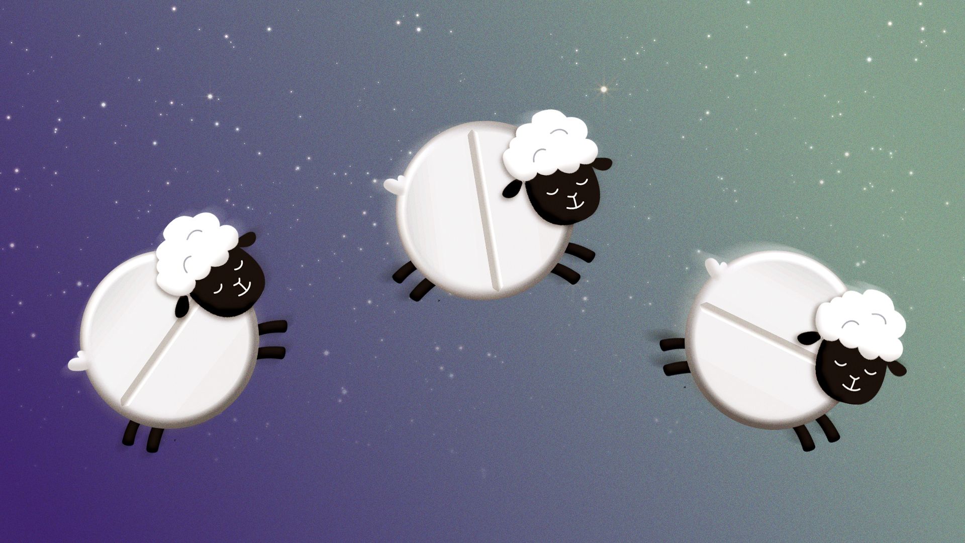Illustration of three sheep with white wool bodies shaped like white tablets, jumping against a night sky.