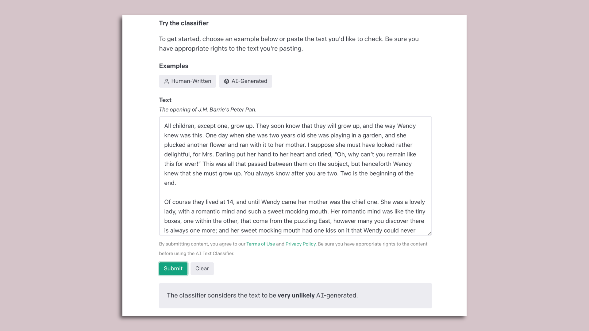 A screenshot of OpenAI's tool for detecting machine-written text