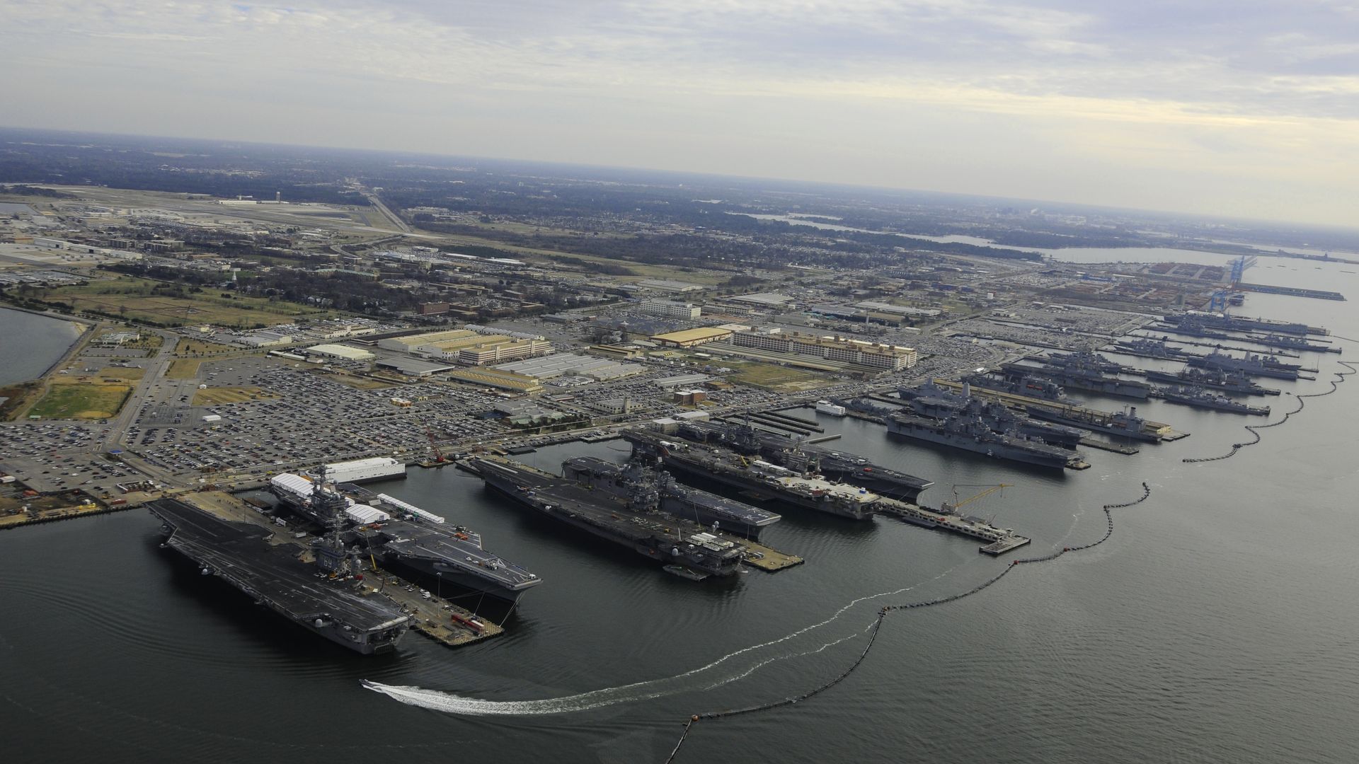 aircraft carriers in port at Norfolk Naval Base