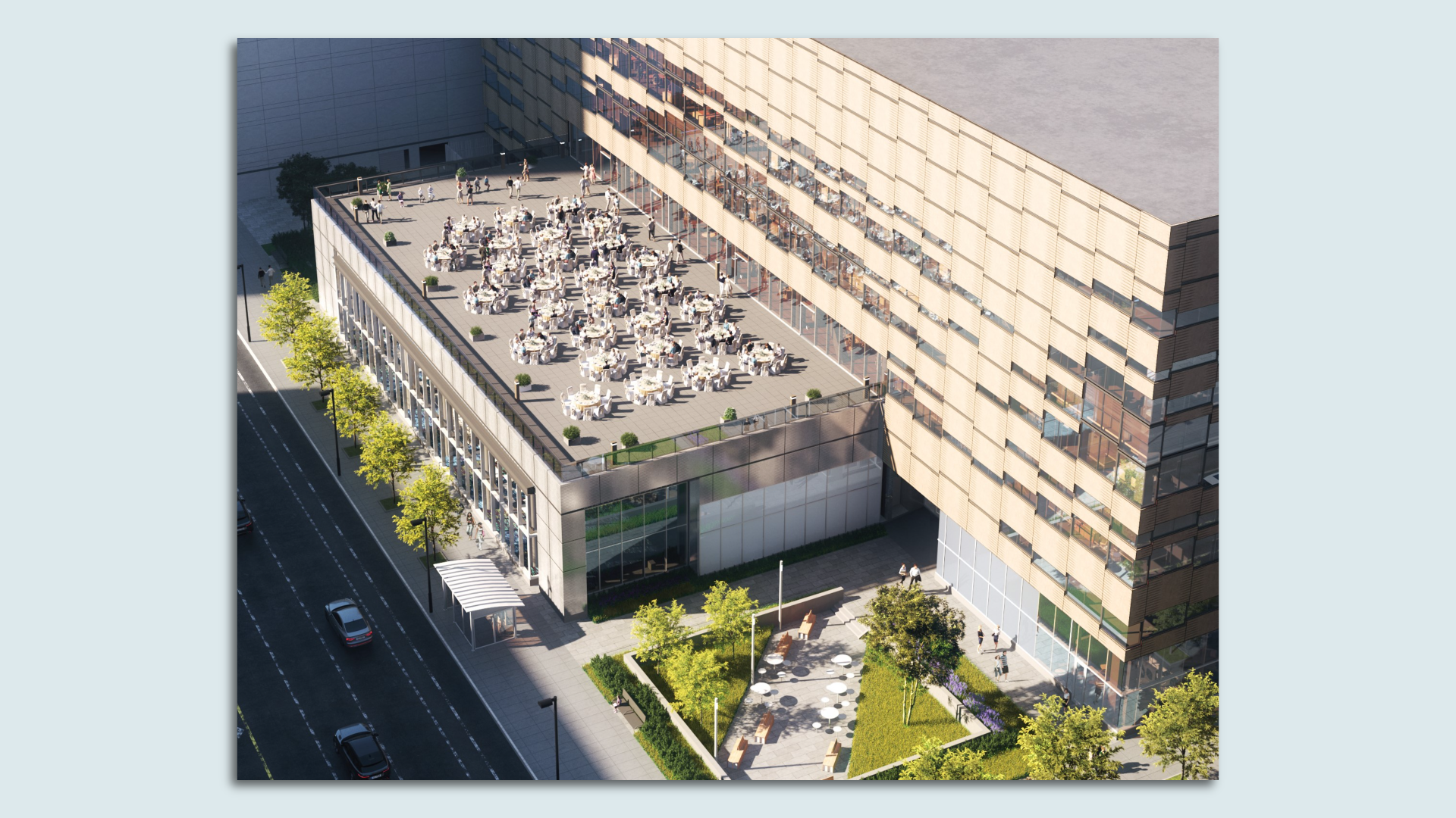 A rendering of an outdoor second-floor terrace next to a 4-5 story beige building with modern windows.