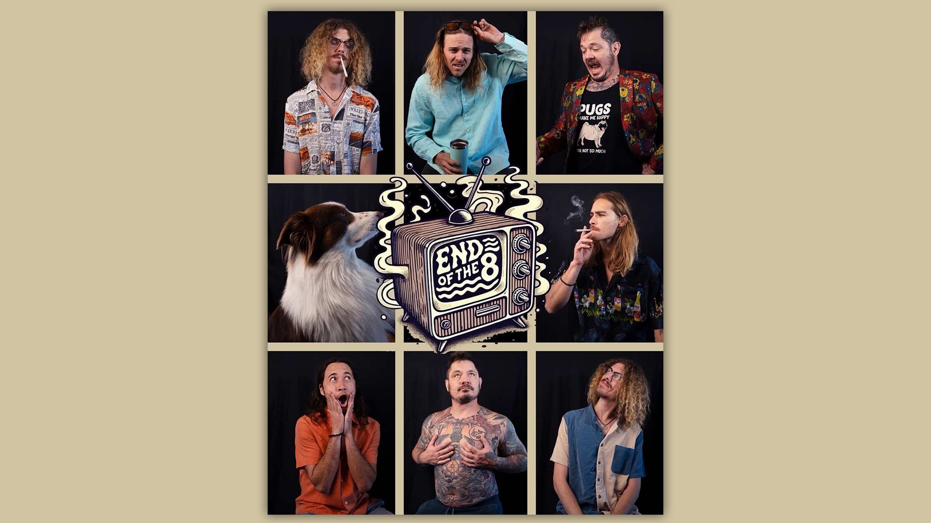 A nine-panel grid with "End of the 8" in a TV in the center, and people looking at each other in each panel like in Brady Bunch