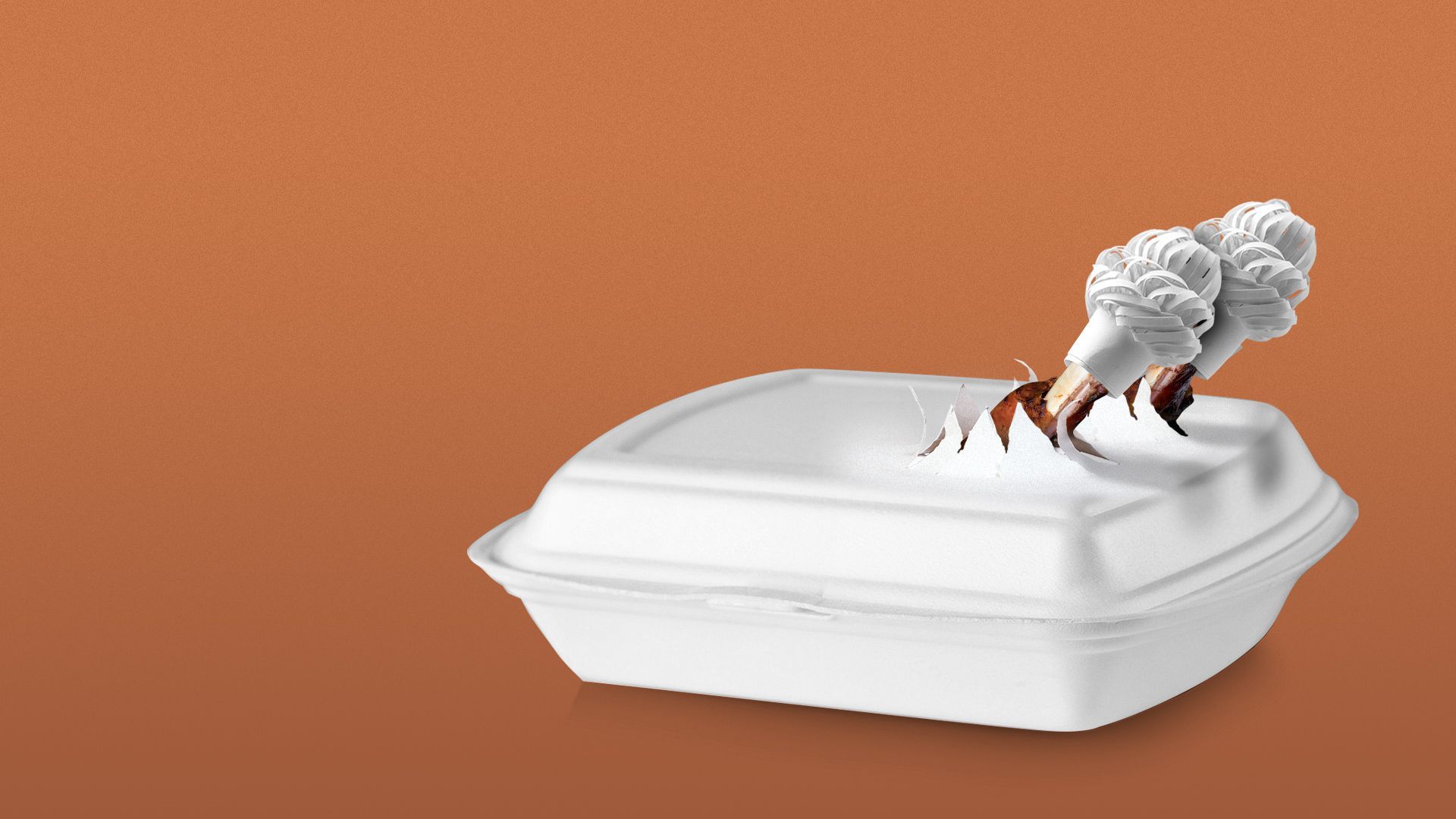 Illustration of turkey legs poking out of a styrofoam takeout box. 