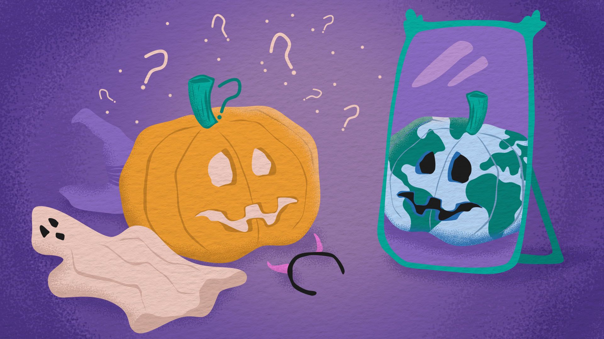 Illustration of a jack-o-lantern surrounded by costumes looking at itself in the mirror with a globe-colored pumpkin reflection