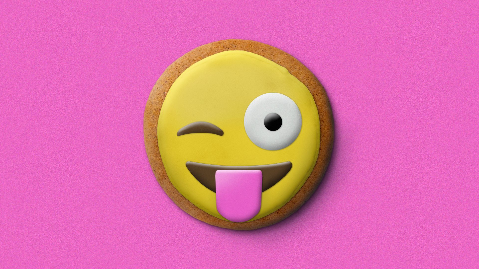 an illustration of a sugar cookie decorated with frosting forming a winking emoji with its tongue sticking out