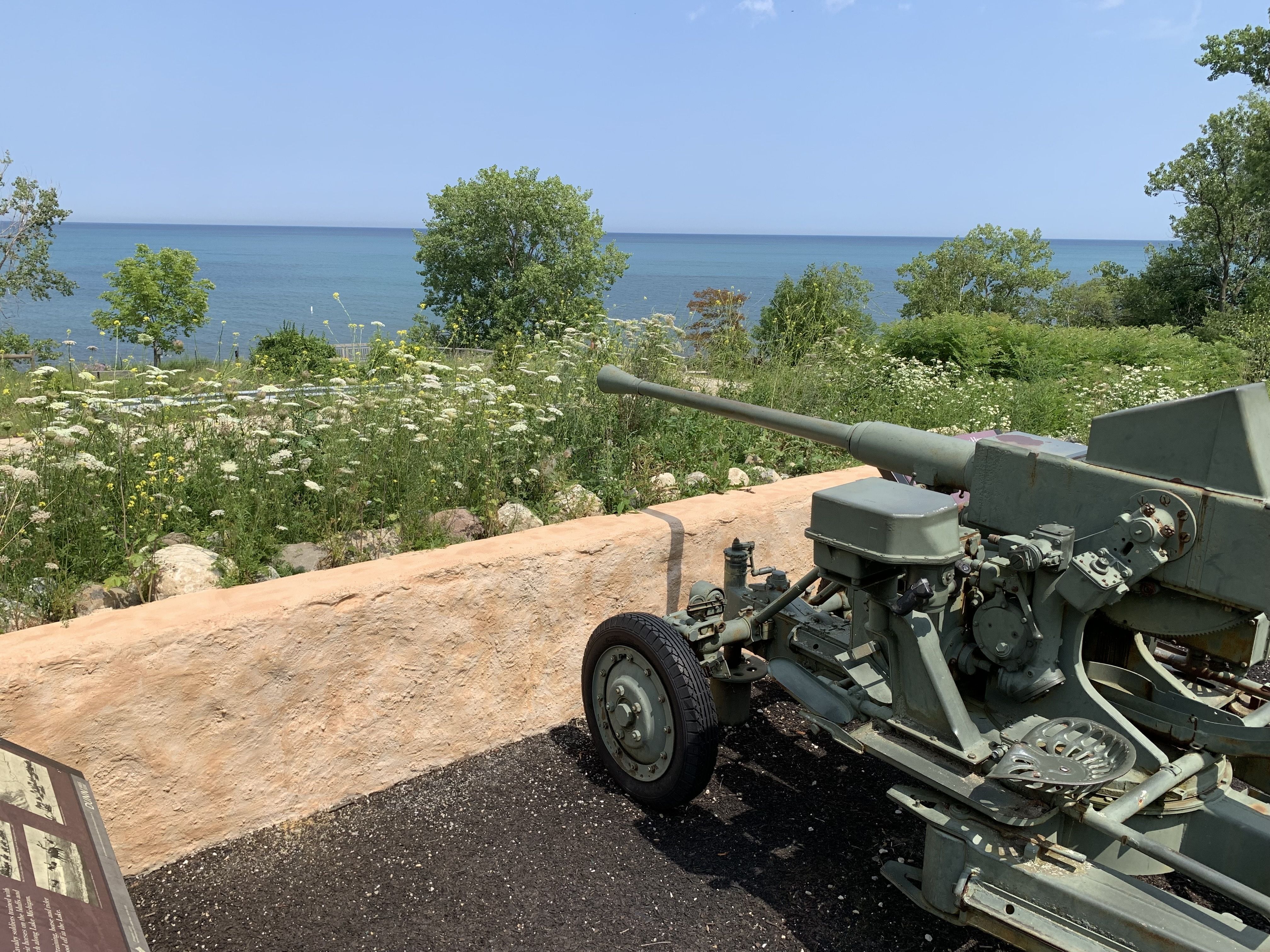 Photo of an old artillery gun pointed at a lake. 