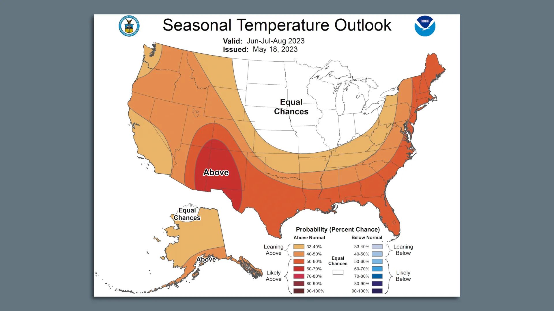 The image is a map of the United States. Parts of it are highlighted in white and various shades of red and orange, indicating the likelihood of above average temperatures this summer. Louisiana is in the "likely above" category.