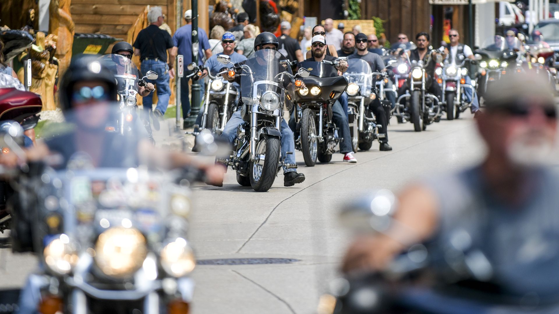 Picture of motorcyclists riding through downtown Deadwood, South Dakota