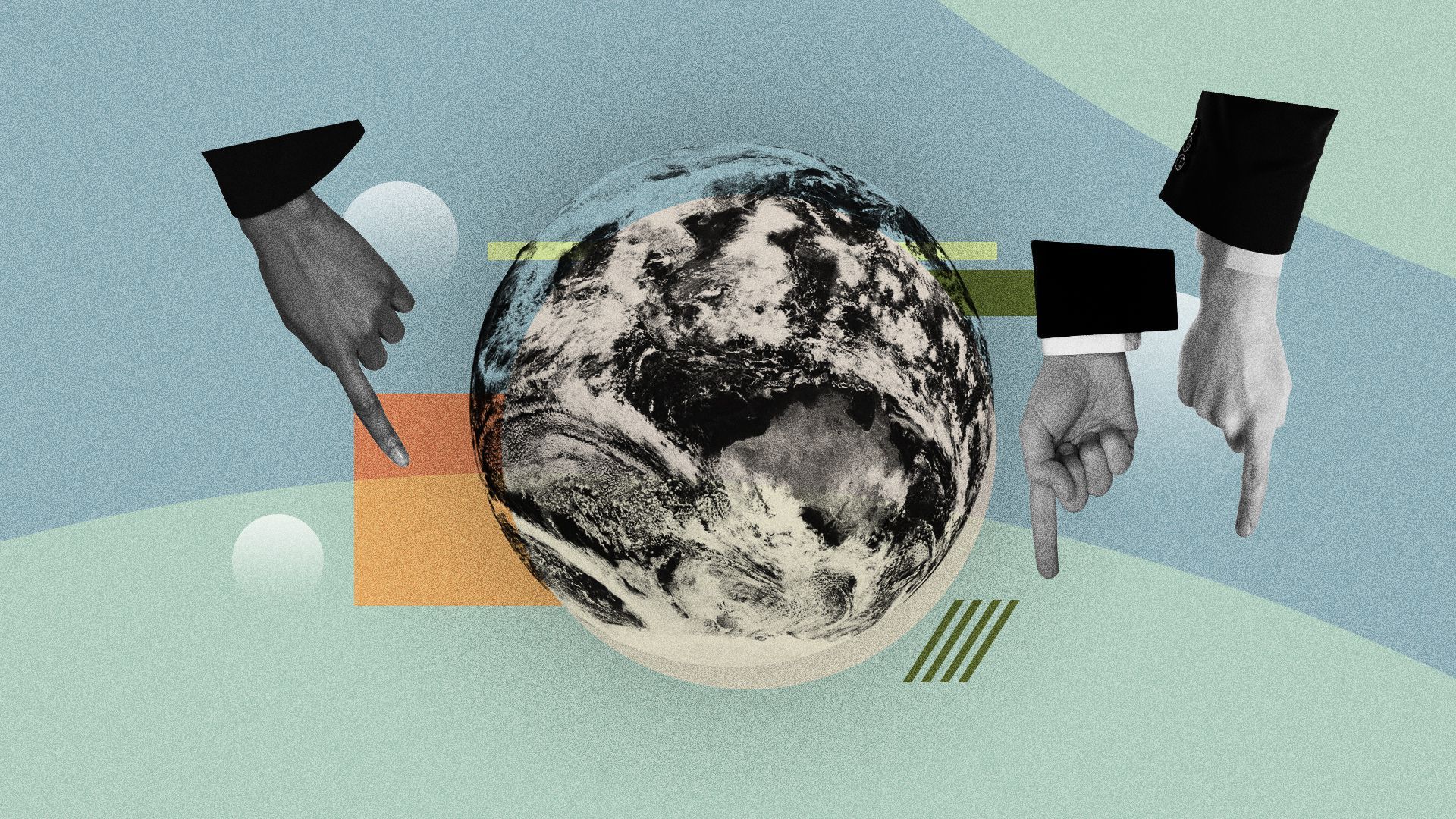 Illustration of a globe with business hands pointing downward, surronded by abstract shapes. 