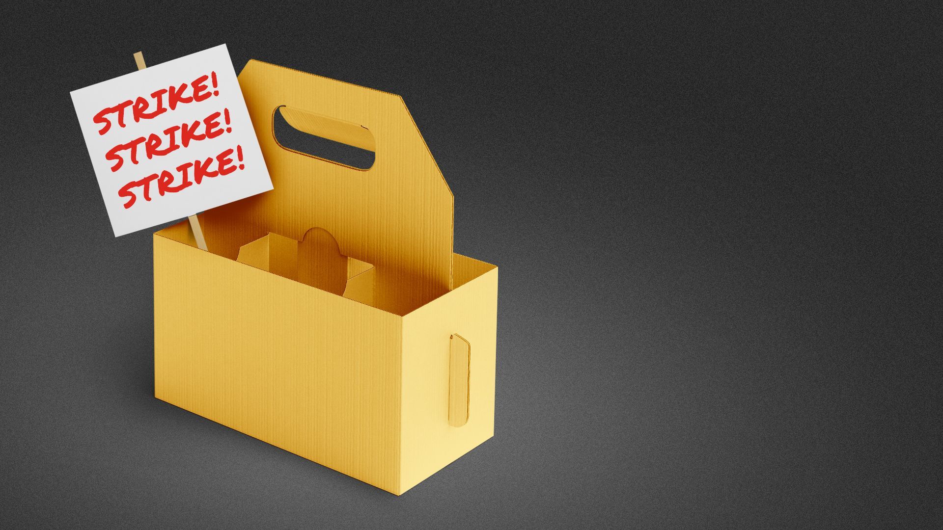 Illustration of an empty 6-pack holder with a picket sign reading "STRIKE, STRIKE, STRIKE!" where the bottles would be.